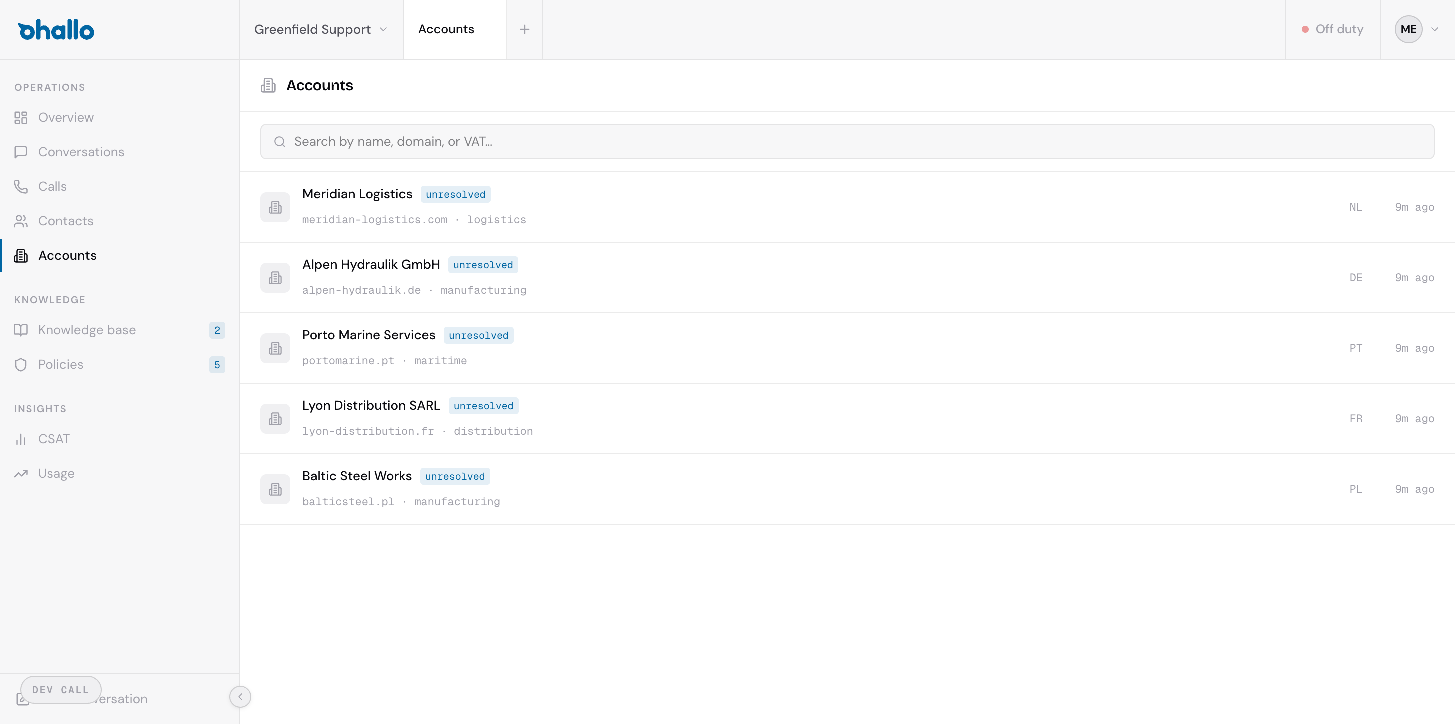 Accounts list view showing company names, domains, and resolution statuses
