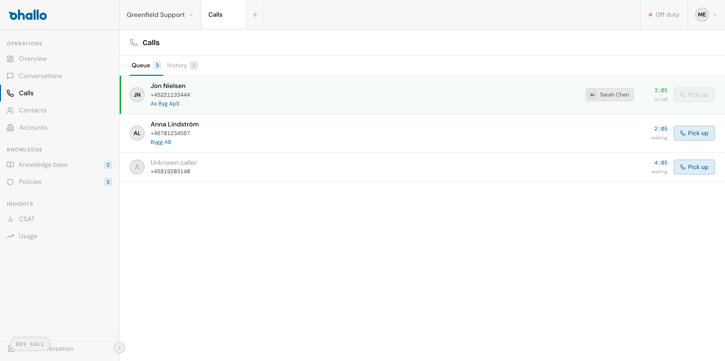 Call queue showing incoming calls with caller details and pick up buttons