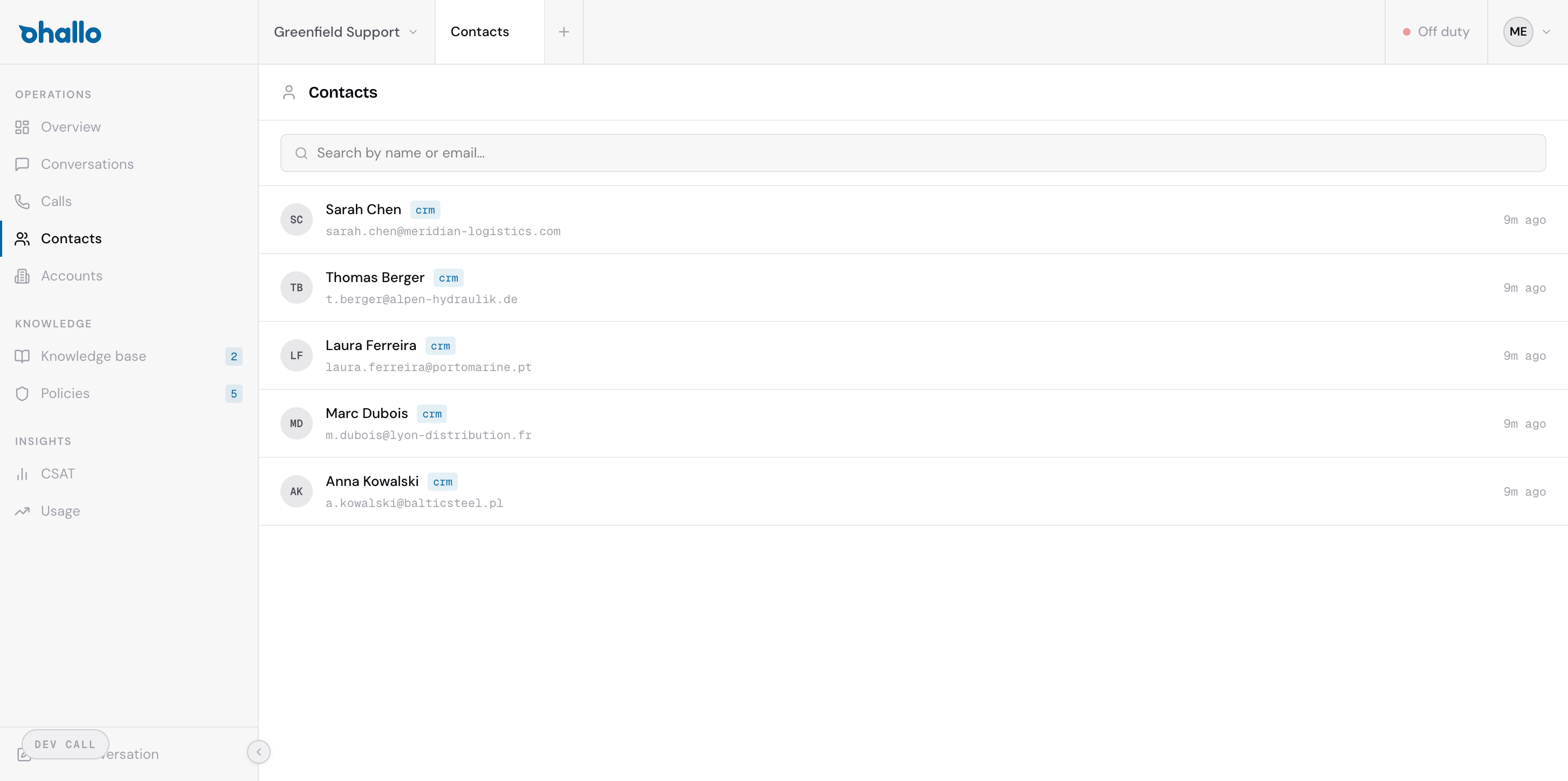 Contacts list view showing search and contact details