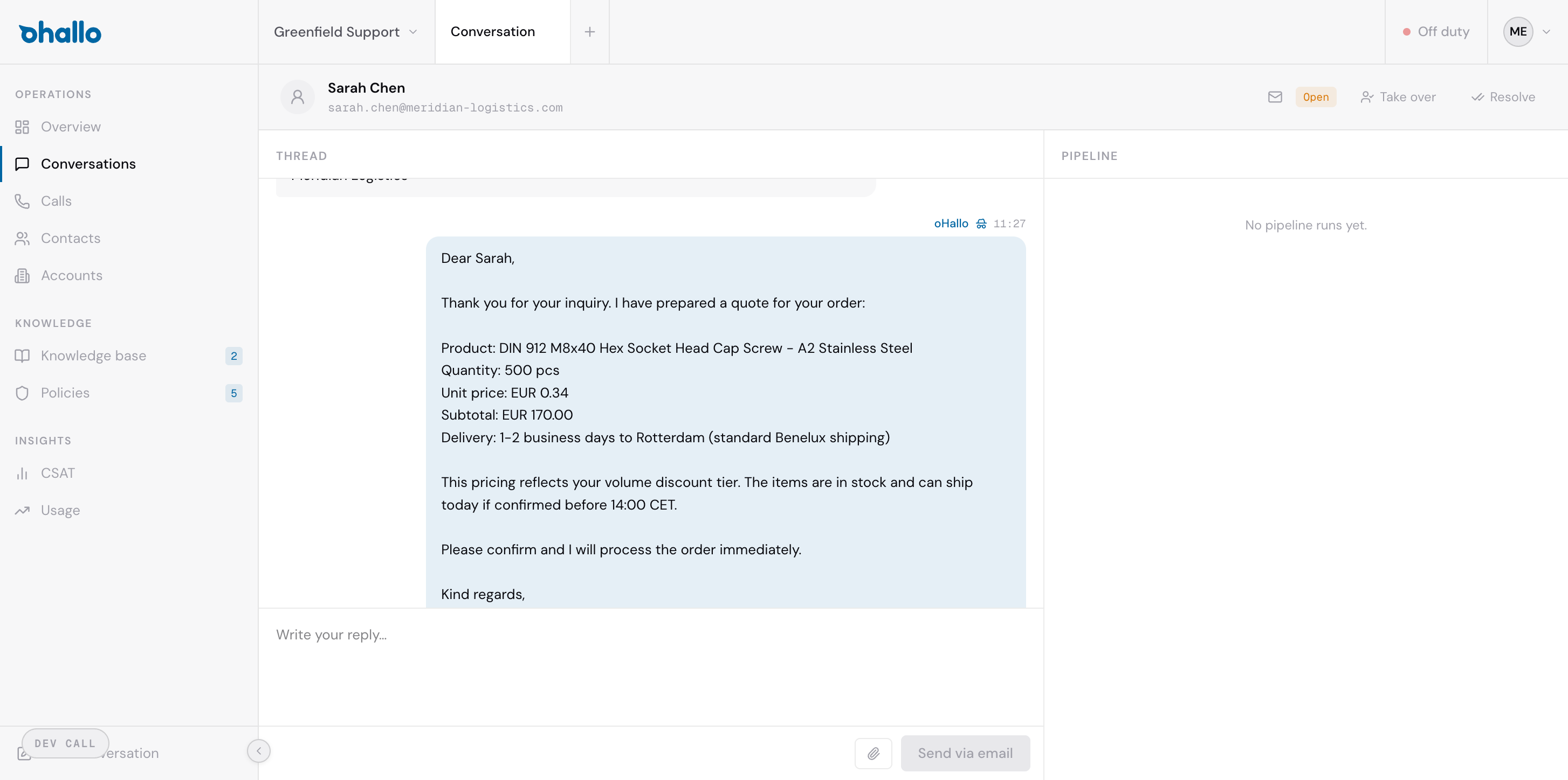 A conversation detail view showing the message thread, contact header, reply box, and action buttons