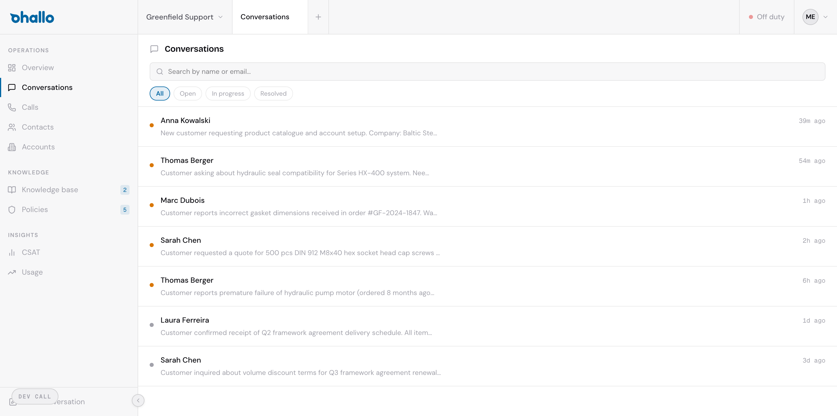 The conversations list showing contact names, message previews, status indicators, and filter tabs