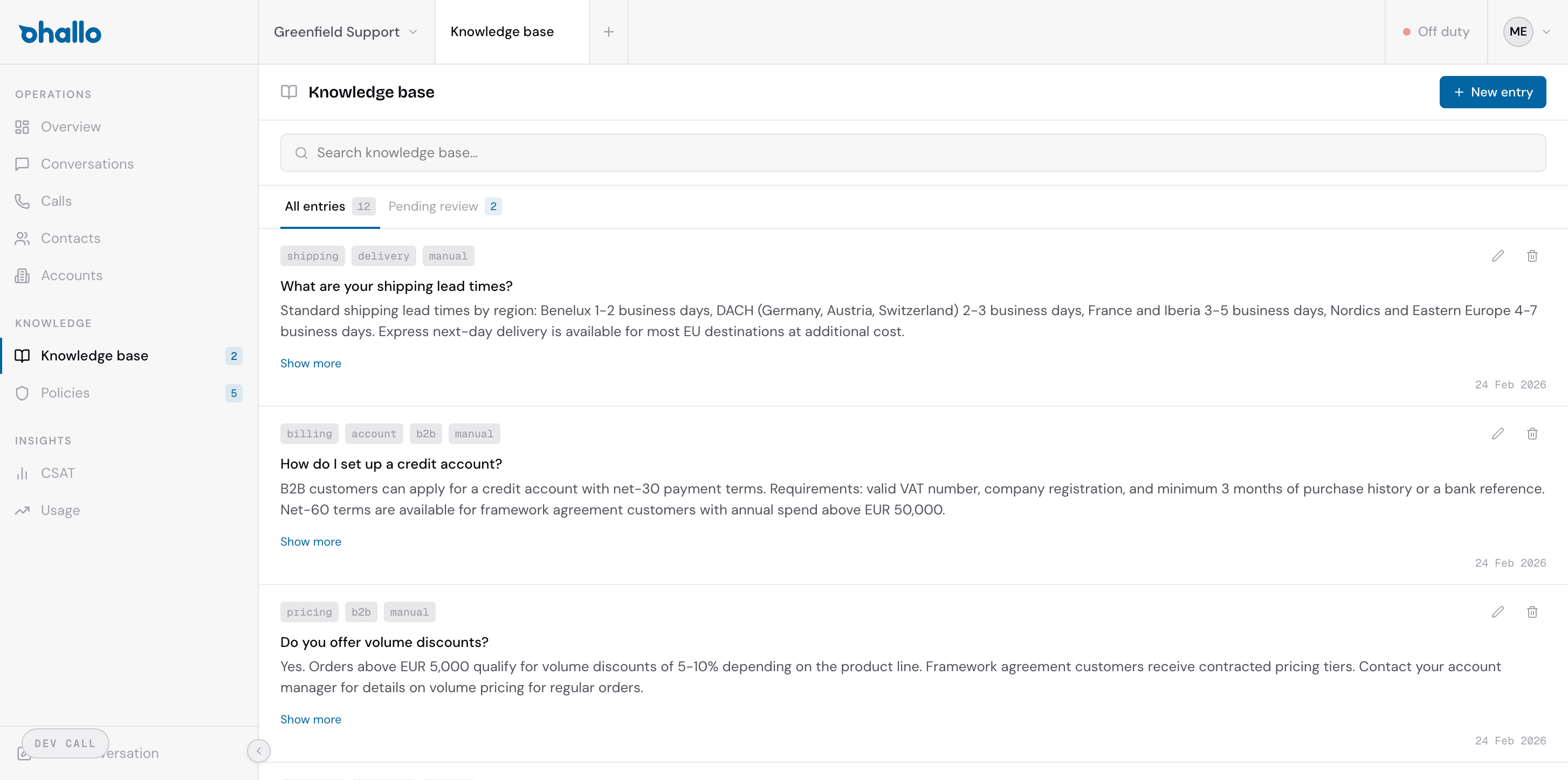 Knowledge base list view showing entries with their questions, topics, and statuses