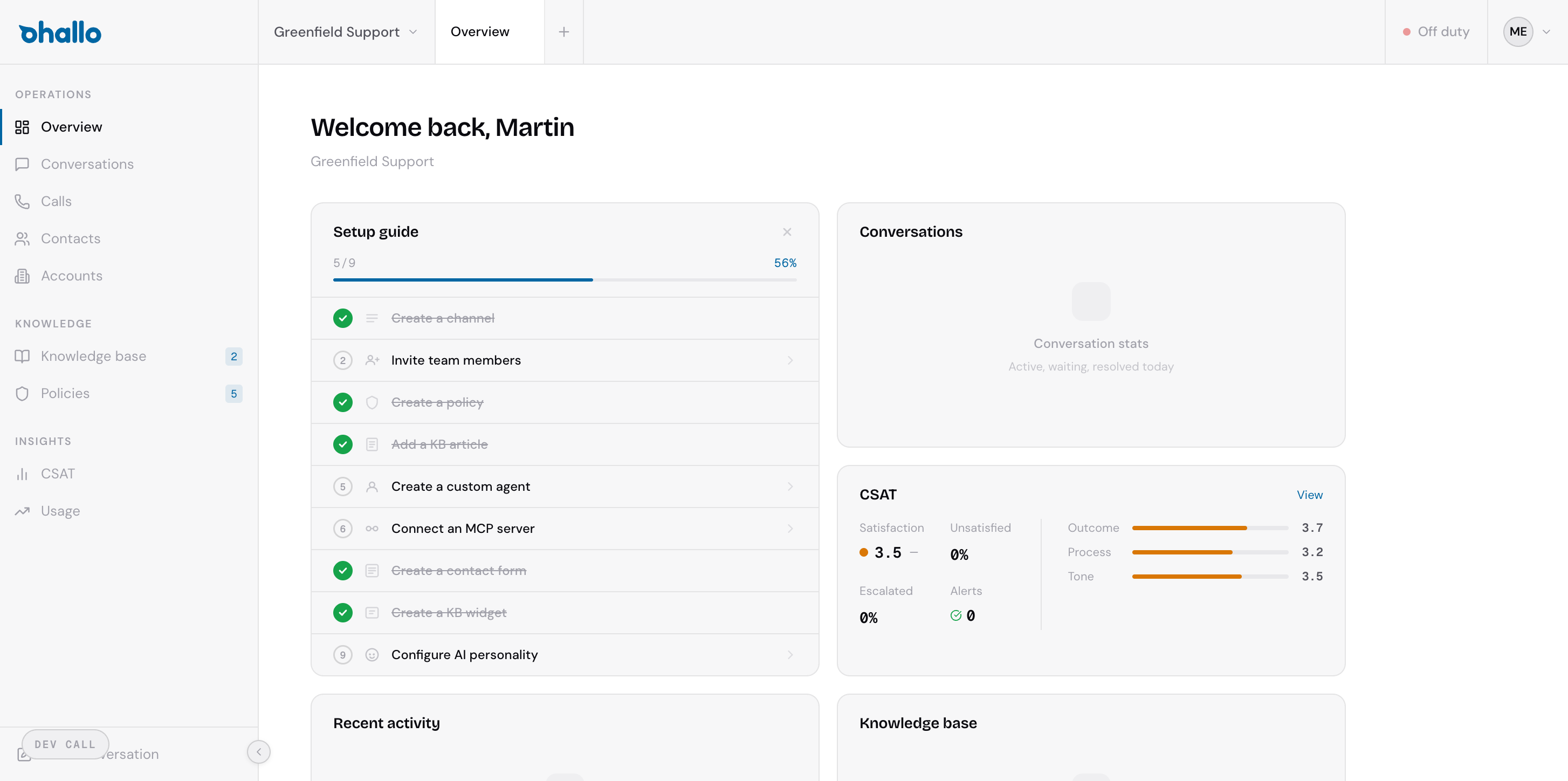 The oHallo Overview dashboard showing the setup guide, conversation stats, CSAT summary, recent activity, and knowledge base coverage