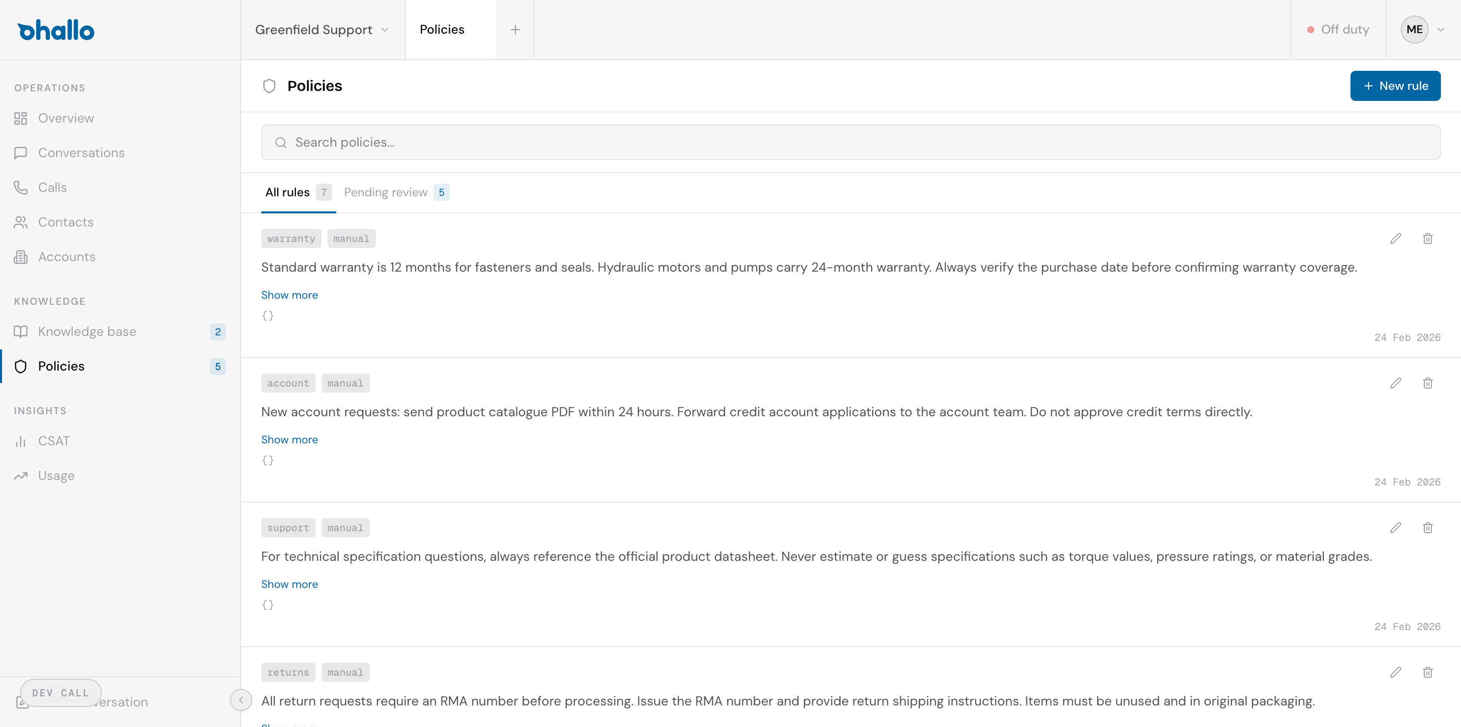 Policies list view showing rules with their topics, rule text, and statuses