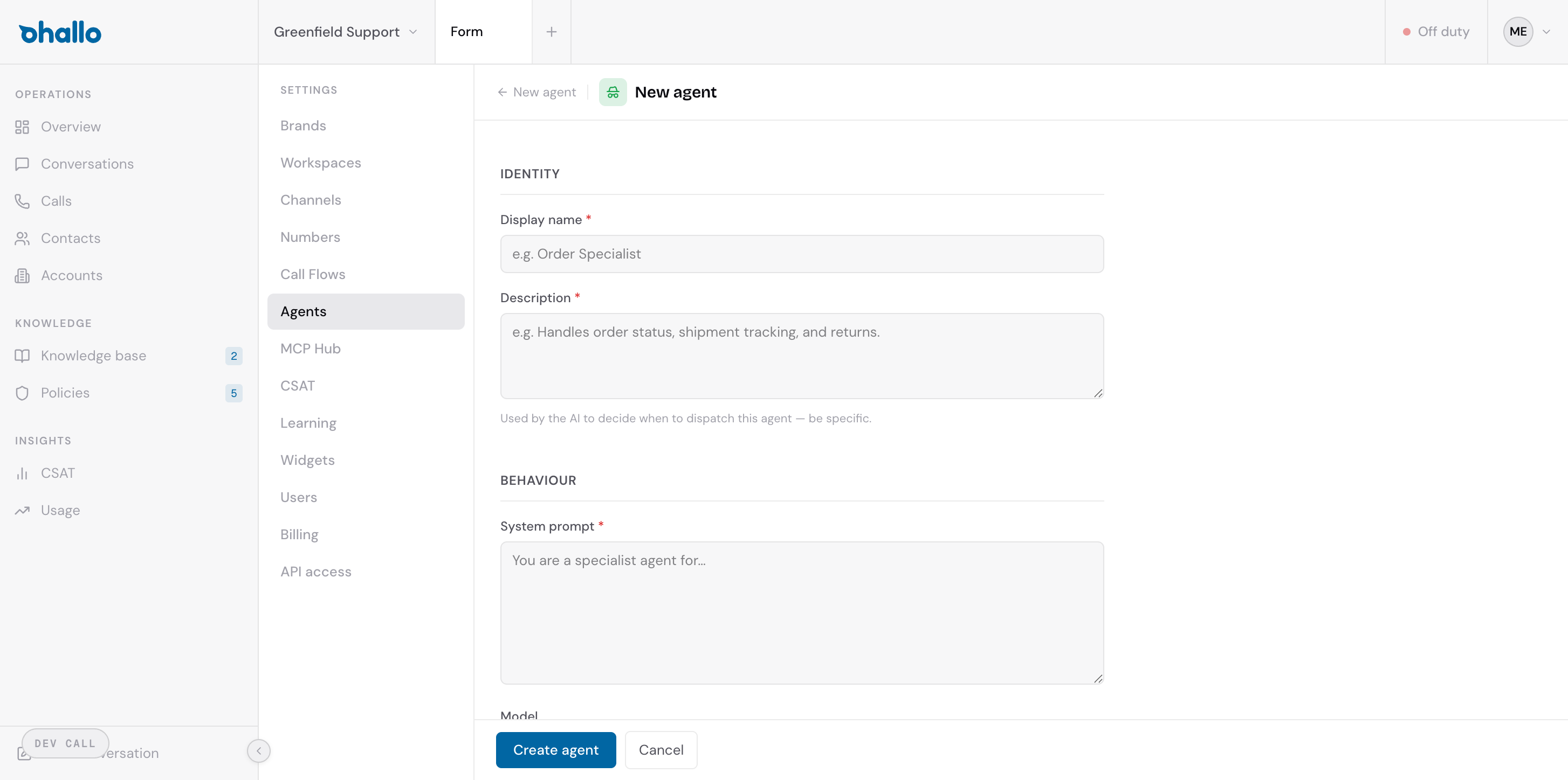 The agent configuration form with Identity, Behaviour, and Tools sections