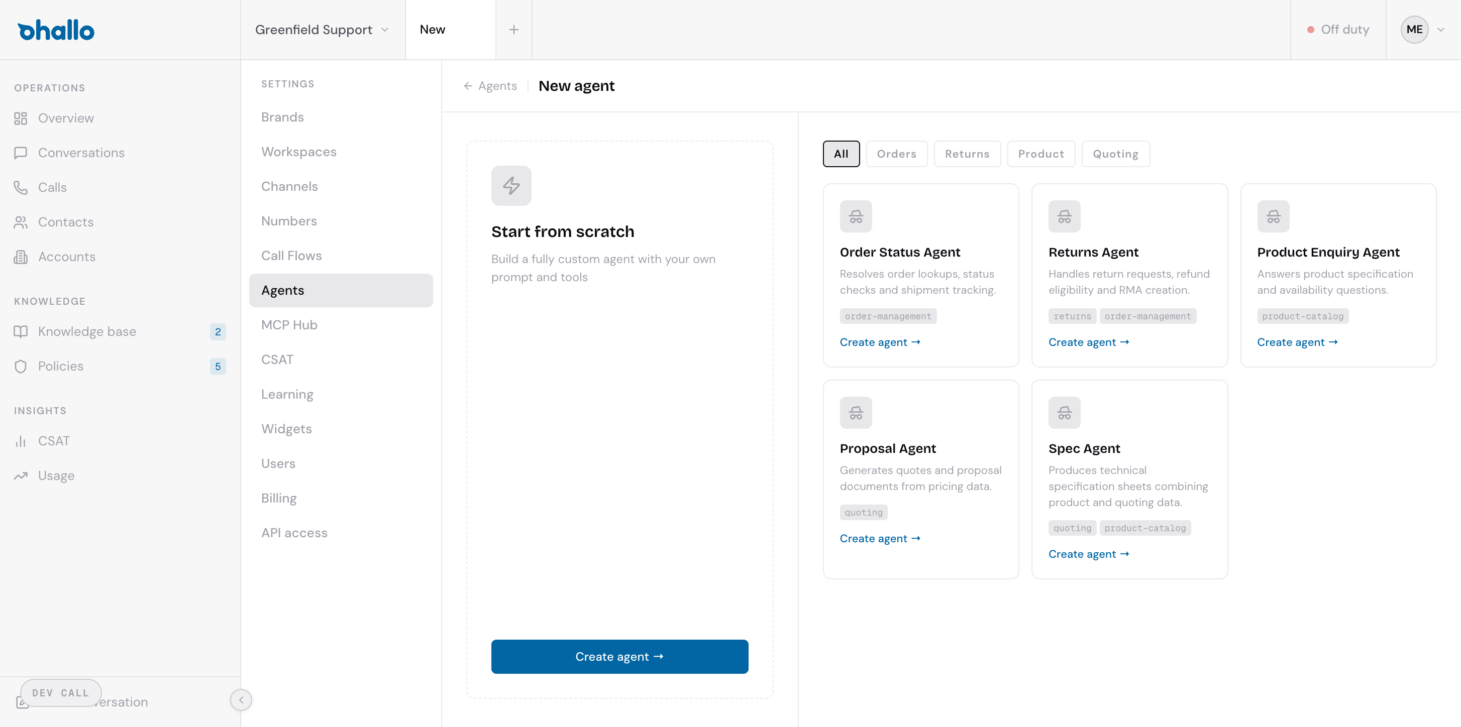 The agent picker showing Start from scratch and template agents