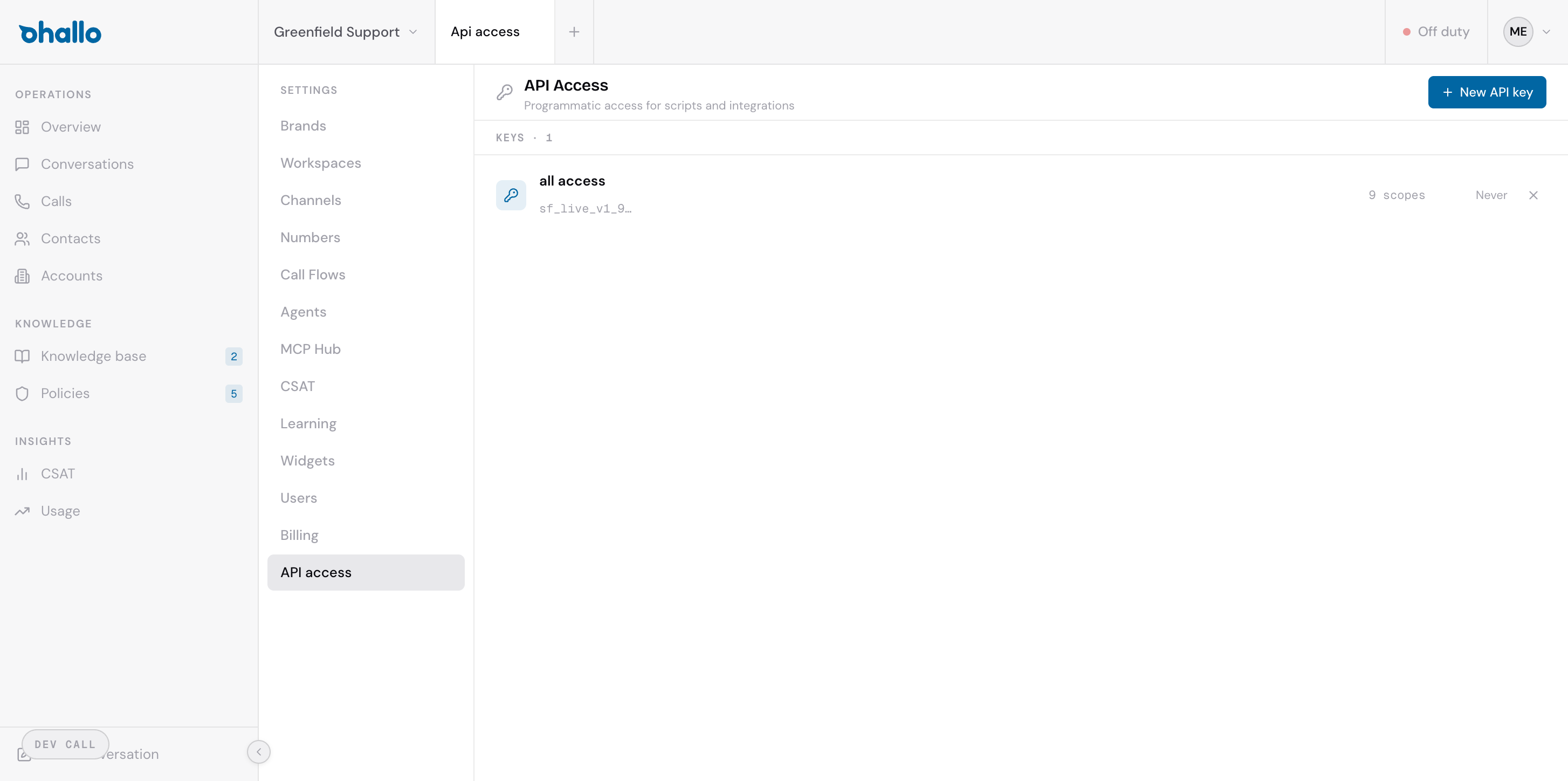 The API Access page showing a list of API keys with their names, scope counts, and last used dates