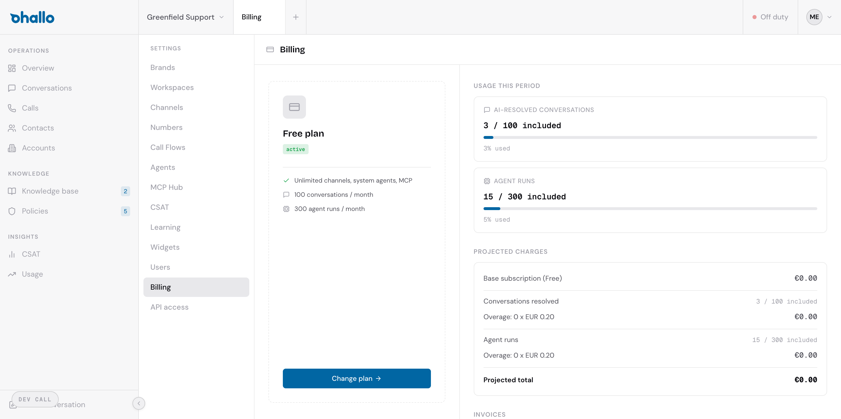 The Billing page showing the current plan on the left, usage meters and projected charges on the right, and invoice history below