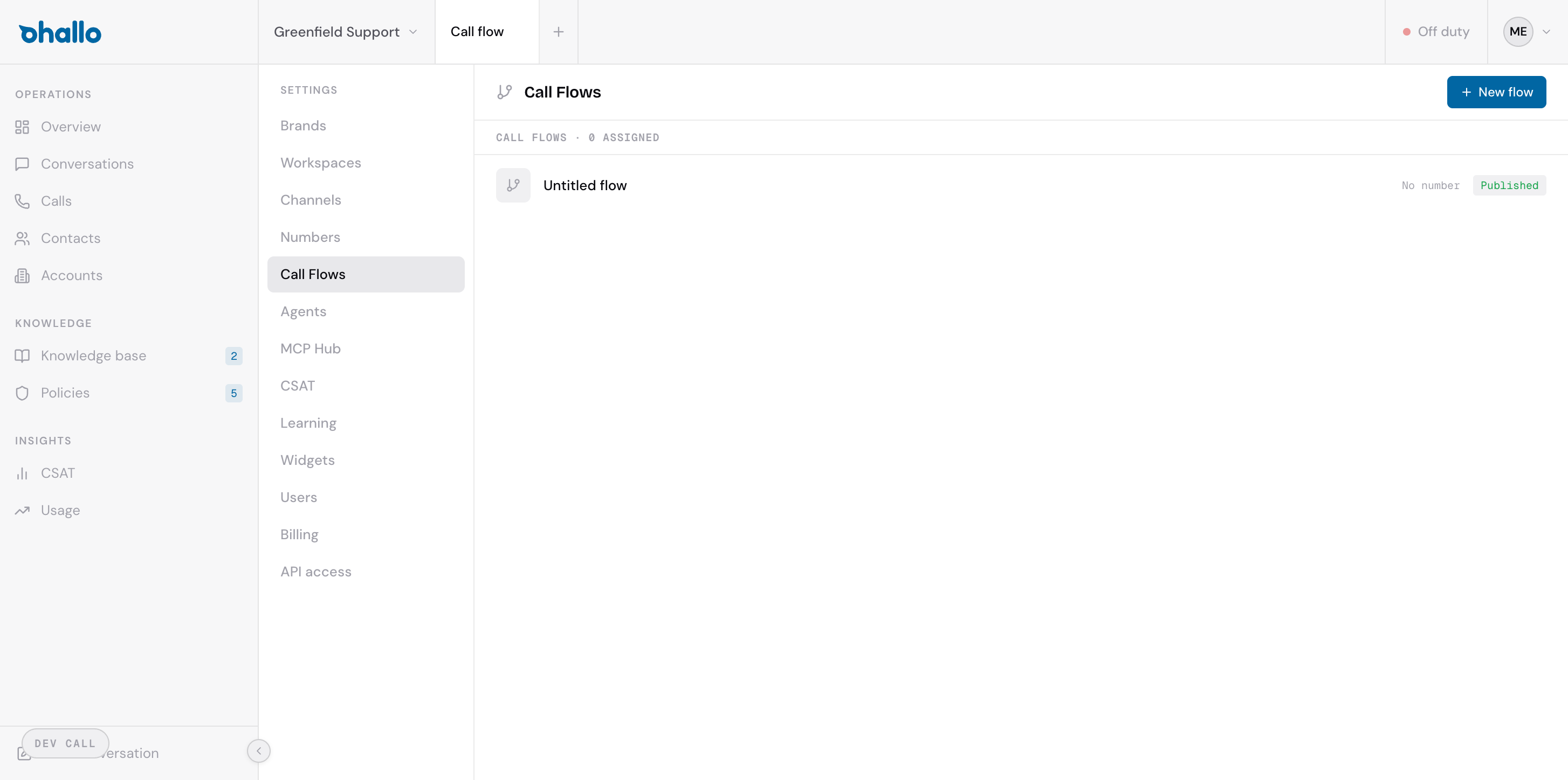 The Call Flows page showing a list of flows with their names, assigned numbers, and status