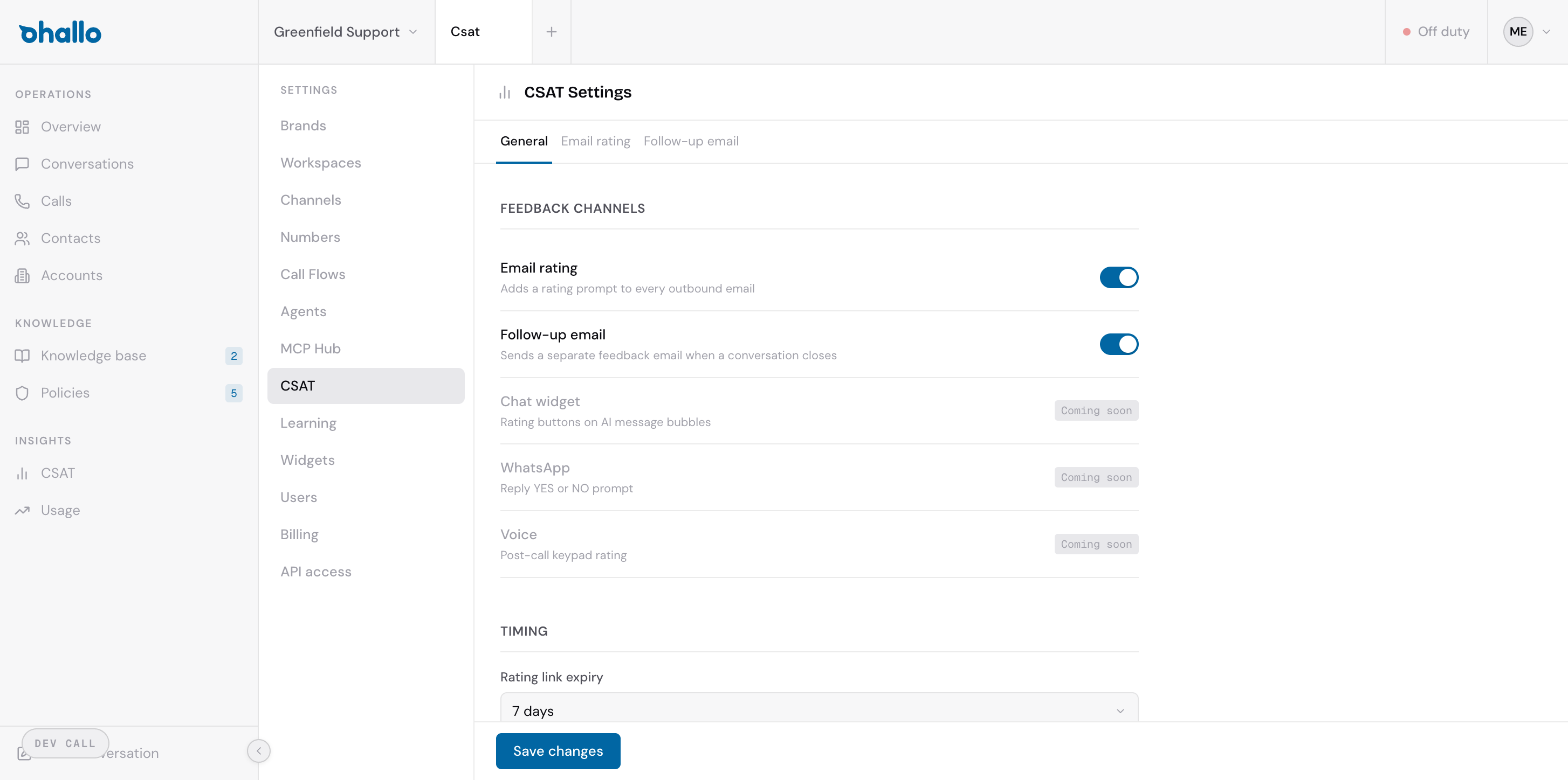 The CSAT Settings page showing the General tab with feedback channel toggles and timing options