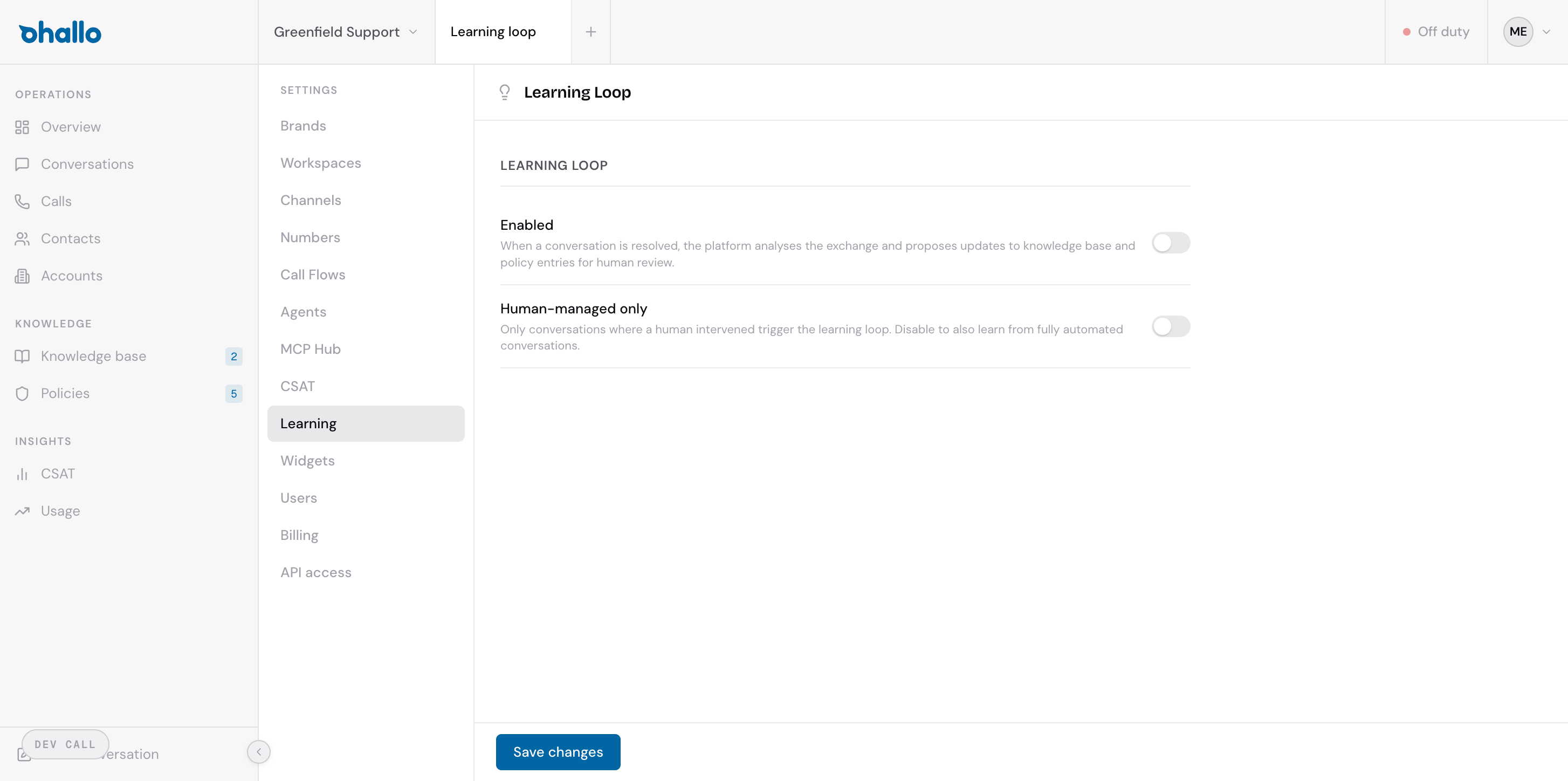 The Learning Loop settings page showing the Enabled and Human-managed only toggles