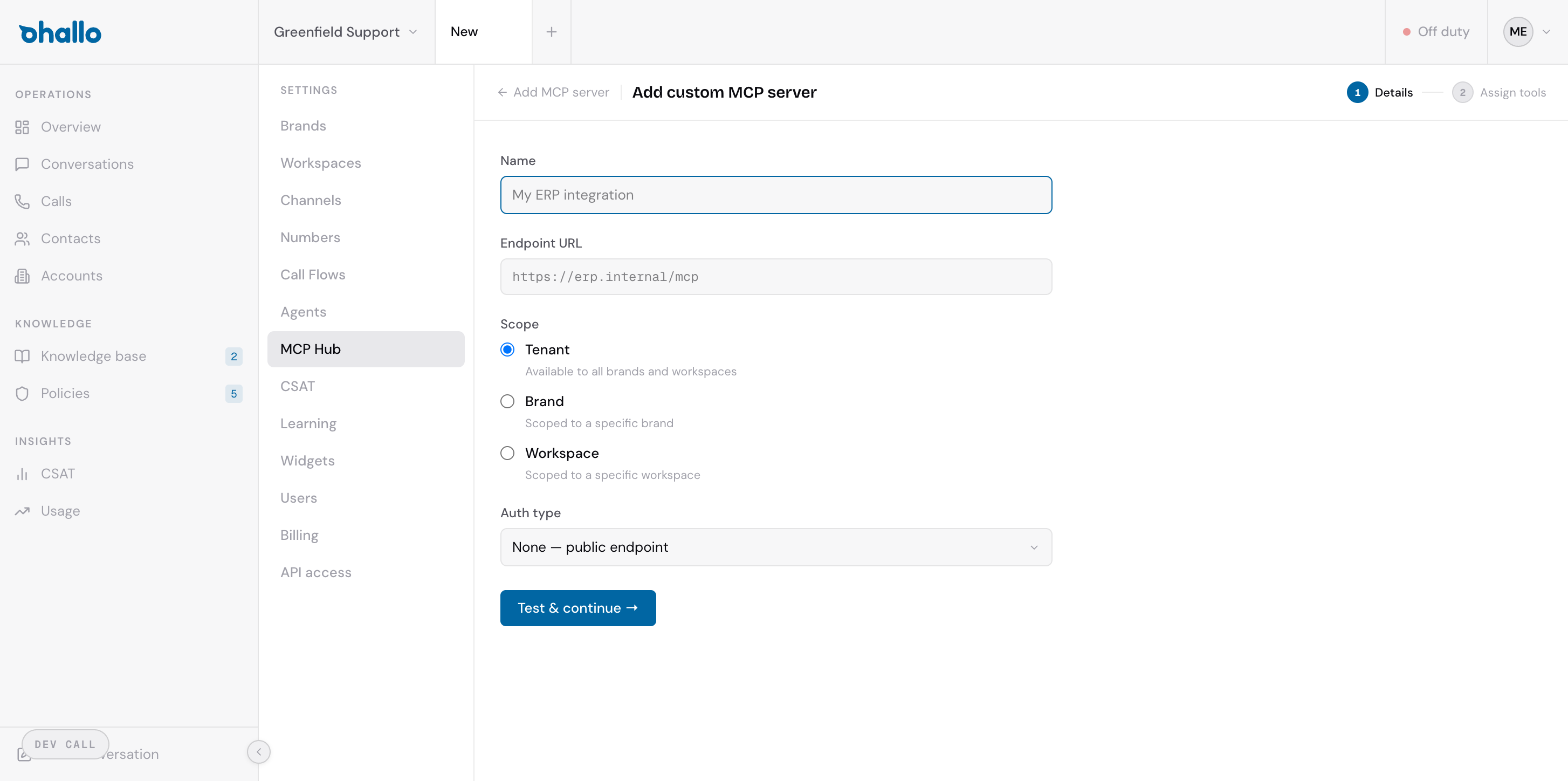 The connection configuration form with Name, Endpoint URL, Scope, and Auth type fields