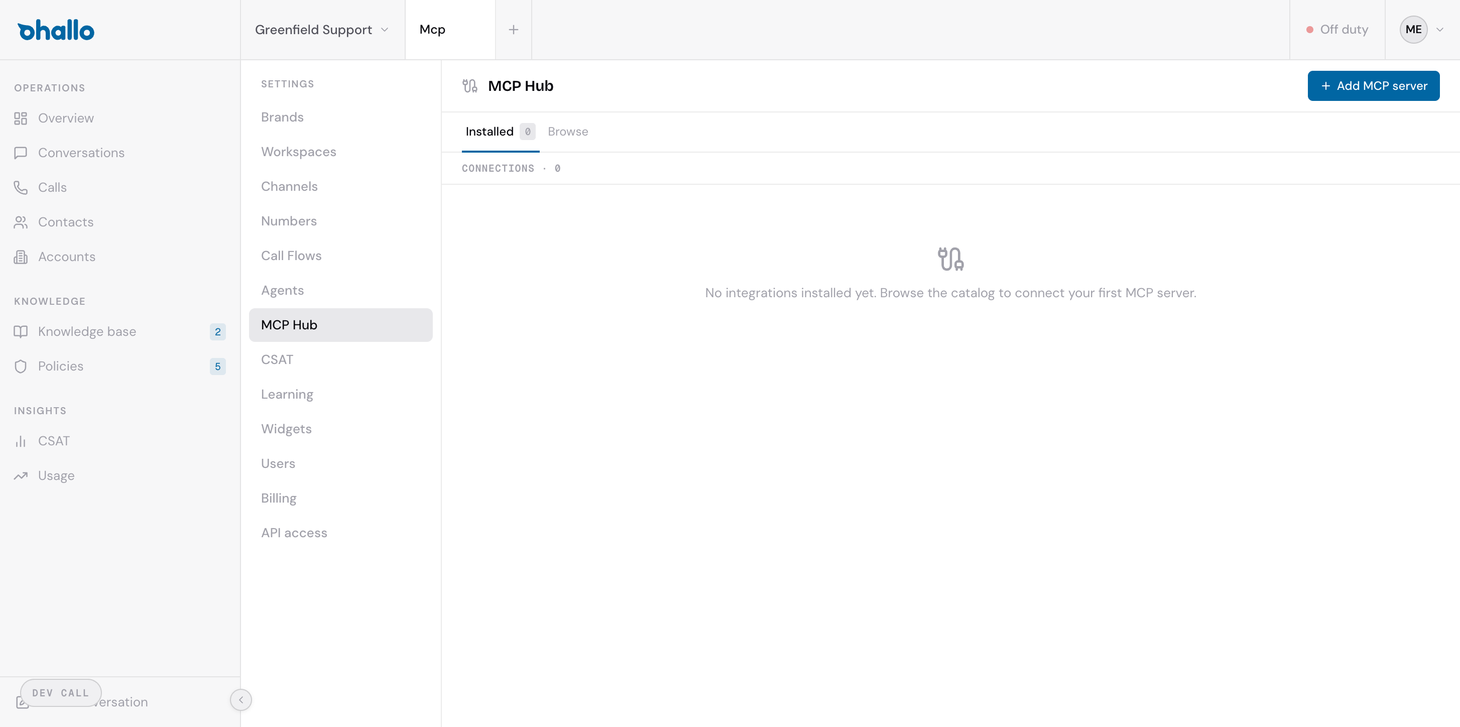 The MCP Hub page showing the Installed tab