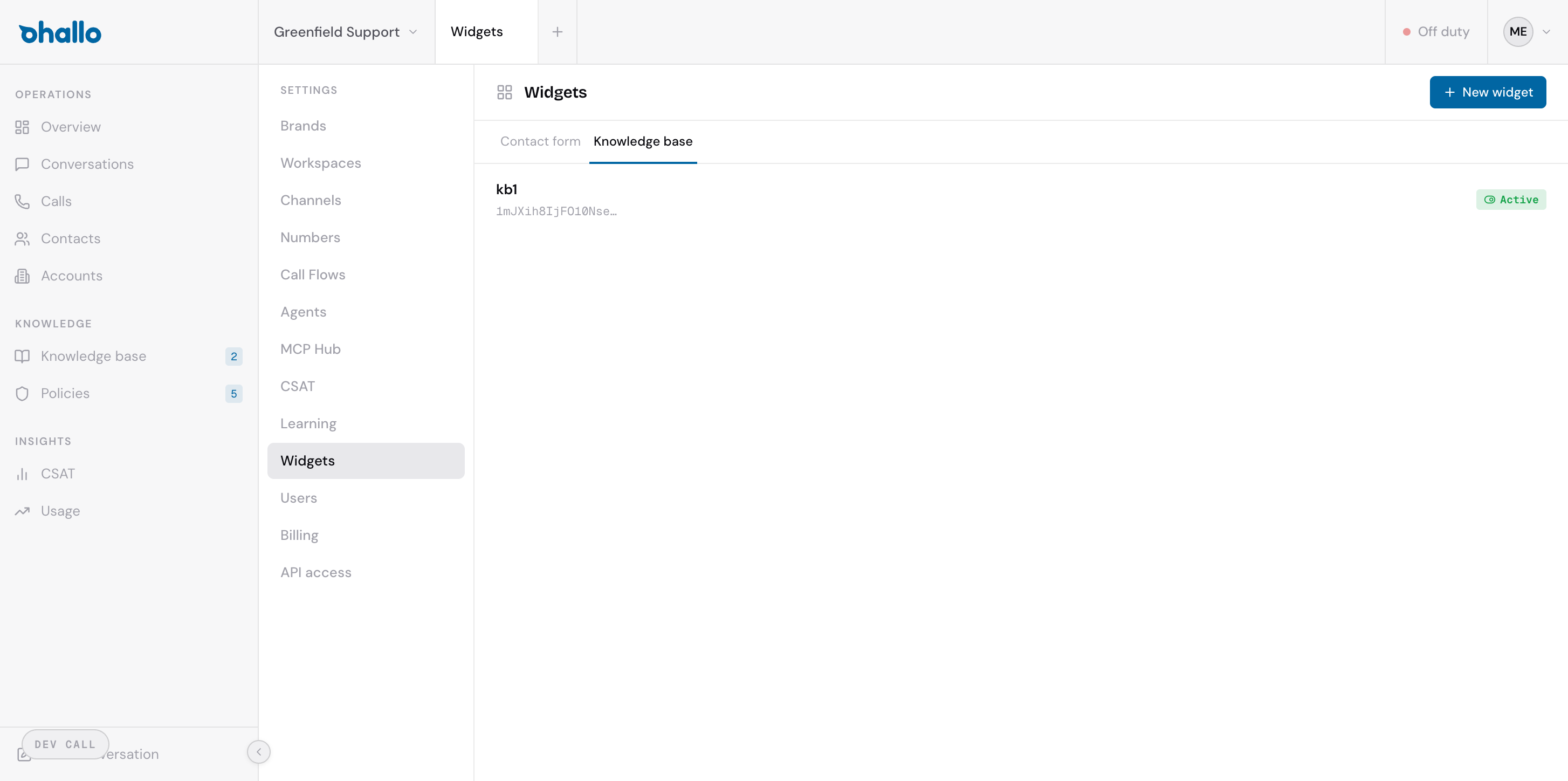 The Widgets page showing tabs for Contact form and Knowledge base widgets with a list of configured widgets